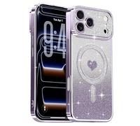 Lafunda Magnetic for iPhone 17 Pro Max Case Glitter, Plating Luxury Sparkle Cute Love Heart Clear Cover for Women Girls TPU Anti-Scratch Camera Protection Shockproof Case for iPhone 17 Pro Max, Purple