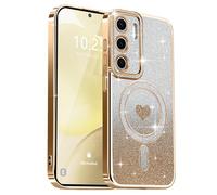 Lafunda Magnetic for Samsung S24 Plus Case Glitter, Plating Luxury Sparkle Cute Love Heart Clear Cover for Women Girls TPU Anti-Scratch Camera Protection Shockproof Case for Galaxy S24 Plus, Gold