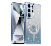 Lafunda Magnetic for Samsung S24 Ultra Case Glitter, Plating Luxury Sparkle Cute Love Heart Clear Cover for Women Girls TPU Anti-Scratch Camera Protection Shockproof Case for Galaxy S24 Ultra, Blue