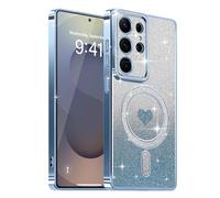 Lafunda Magnetic for Samsung S25 Case Glitter, Plating Luxury Sparkle Cute Love Heart Clear Cover for Women Girls TPU Anti-Scratch Camera Protection Shockproof Case for Galaxy S25, Blue