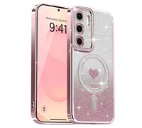 Lafunda Magnetic for Samsung S25 Plus Case Glitter, Plating Luxury Sparkle Cute Love Heart Clear Cover for Women Girls TPU Anti-Scratch Camera Protection Shockproof Case for Galaxy S25 Plus, Pink