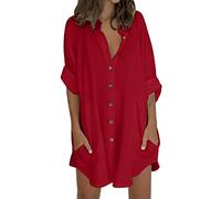 Lagenlook Tops for Women UK Summer Long Sleeve Button Down Shirts Ladies Long Top Plain Loose Casual Blouses T-Shirt Beach Holiday Tees Oversized My Orders UK Red