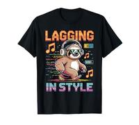 Lagging in Style Sloth Wearing Headphones Pixel Art T-Shirt