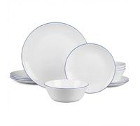 LaGlint Dinner Sets for 4, 12 Pieces Opal Glass Plates and Bowls Set, Dishwasher and Microwave Safe Dish Dinnerware Set, Chip and Scratch Resistant Dishware Sets, Hand Painted Navy Blue Rim