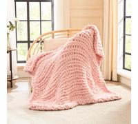 L'AGRATY Chunky Knit Blanket Throw,Soft Chenille Yarn Throw Blanket 100x150cm，Handmade Cable Knit Crochet Blanket,Large Knit Blankets Throw Blanket for Couch Sofa Bed Home Decor (Throw,Pink)
