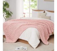 L'AGRATY Chunky Knit Blanket Throw,Soft Chenille Yarn Throw Blanket 180x210cm，Handmade Cable Knit Crochet Blanket,Large Knit Blankets Throw Blanket for Couch Sofa Bed Home Decor (King,Pink)