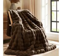 L'AGRATY Faux Rabbit Fur Blanket: 100x150cm Luxury Soft Fluffy Thick Fur Throw Blanket for Couch Bed Sofa - Cozy Plush Bubble Blankets with Warm Flannel Fleece(Throw,Cocoa Brown)