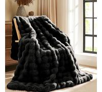 L'AGRATY Faux Rabbit Fur Blanket: 130x160cm Luxury Soft Fluffy Thick Fur Throw Blanket for Couch Bed Sofa - Cozy Plush Bubble Blankets with Warm Flannel Fleece(Single,Black)