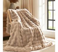 L'AGRATY Faux Rabbit Fur Blanket: 150x200cm Luxury Soft Fluffy Thick Fur Throw Blanket for Couch Bed Sofa - Cozy Plush Bubble Blankets with Warm Flannel Fleece(Double,Light Taupe)