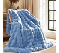 L'AGRATY Faux Rabbit Fur Blanket: 150x200cm Luxury Soft Fluffy Thick Fur Throw Blanket for Couch Bed Sofa - Cozy Plush Bubble Blankets with Warm Flannel Fleece(Double,Sky Blue)