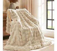 L'AGRATY Faux Rabbit Fur Blanket: 150x200cm Luxury Soft Fluffy Thick Fur Throw Blanket for Couch Bed Sofa - Cozy Plush Bubble Blankets with Warm Flannel Fleece(Double,Almond White)
