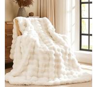 L'AGRATY Faux Rabbit Fur Blanket: 150x200cm Luxury Soft Fluffy Thick Fur Throw Blanket for Couch Bed Sofa - Cozy Plush Bubble Blankets with Warm Flannel Fleece(Double,Cream White)