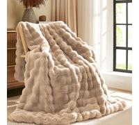 L'AGRATY Faux Rabbit Fur Blanket: 200x220cm Luxury Soft Fluffy Thick Fur Throw Blanket for Couch Bed Sofa - Cozy Plush Bubble Blankets with Warm Flannel Fleece(King,Light Taupe)
