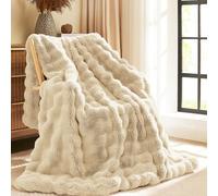 L'AGRATY Faux Rabbit Fur Blanket: 50" x 60" Luxury Soft Fluffy Thick Fur Throw Blanket for Couch Bed Sofa - Cozy Plush Bubble Blankets for Winter: Warm Flannel Fleece Decorative Blanket(Almond White)