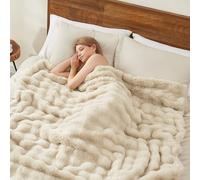 L'AGRATY Faux Rabbit Fur Blanket: 50" x 60" Luxury Soft Fluffy Thick Fur Throw Blanket for Couch Bed Sofa - Cozy Plush Bubble Blankets for Winter: Warm Flannel Fleece Decorative Blanket(Almond White)