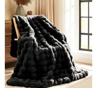 L'AGRATY Faux Rabbit Fur Blanket: 50" x 60" Luxury Soft Fluffy Thick Fur Throw Blanket for Couch Bed Sofa - Cozy Plush Bubble Blankets for Winter: Warm Flannel Fleece Decorative Blanket(Black)