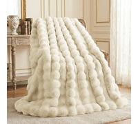 L'AGRATY Faux Rabbit Fur Blanket: 50" x 60" Luxury Soft Fluffy Thick Fur Throw Blanket for Couch Bed Sofa - Cozy Plush Bubble Blankets for Winter: Warm Flannel Fleece Decorative Blanket(Almond White)