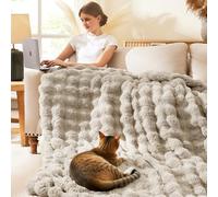 L'AGRATY Faux Rabbit Fur Blanket: 90" x 90" Queen Luxury Soft Fluffy Thick Fur Throw Blanket for Couch Bed Sofa - Cozy Plush Bubble Blankets for Winter: Flannel Fleece Decorative Blanket(Castle Grey)