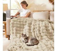 L'AGRATY Faux Rabbit Fur Blanket: 90" x 90" Queen Luxury Soft Fluffy Thick Fur Throw Blanket for Couch Bed Sofa - Cozy Plush Bubble Blankets for Winter: Flannel Fleece Decorative Blanket(Almond White)