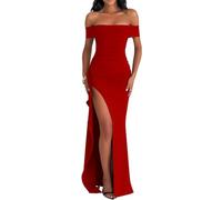 LAGSHIAN Women's Elegant Bodycon Off Shoulder Sleeveless High Split Ruched Long Formal Evening Dress, Red, S