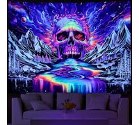 Lahasbja Skull Tapestry, UV Reactive, Trippy Skeleton, Starry Galaxy Planet, Wall Hanging for Living Room