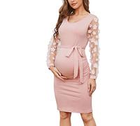 LAHILO Floral Mesh Bishop Long Sleeve Maternity Midi Dress, Fall Maternity Bodycon Dress for Baby Shower/Wedding Guest/Photoshoot, Pink, S