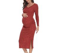 LAHILO V-Neck Maternity Sweater Dress, Fall Maternity Dress, Long Sleeve Side Ruch Knit Ribbed Maternity Bodycon Dress, A-mocha, XXL