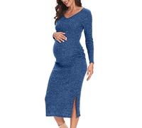 LAHILO V-Neck Side Ruffled Ribbed Baby Shower Bodycon Maternity Dress, A-Blue, S