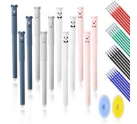 lahnao 12Pcs Erasable Pens, 0.35mm Rub Out Pens with 24 Refill and 2 Eraser, Multiple Ink Colors Cartoon Cute Animal Pen for Students, School Offices(Black, Red, Blue, Green)