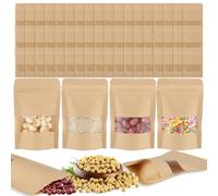 lahnao 60 Pcs Kraft Paper Bags With Window, 9 x 14 x 3cm Vertical Kraft Sealable Pouches, Reusable Sealable Brown Bags, Suitable for Packing Candies, Nuts, Coffee Beans