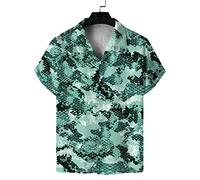 Lahodnamw Funky Camp Collar Hawaiian Shirt - Men Short Sleeve Abstract Green Snakeskin Print Aloha Shirt Loose Cardigan, Street Casual Summer Beach Holiday Fancy Blouse Male Gifts,M