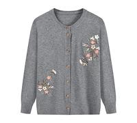 Lahodnamw Womens Middle-Aged Elderly Thickened Cashmere Cardigan - Casual Open Front Knitted Sweater Mother Embroidered Jacket Coat, Classic Chunky Warm Gray Grandma Knitwear, Gray,Xxl