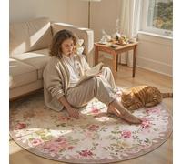 Lahome 4ft Floral Round Rug, Washable Small Circle Rug for Bedroom, Pink | Cream-Toned Romantic Garden Style, Soft Feel, Low Pile, Non-Slip Backing, Area Rug for Living Room, Nursery, Reading Nook