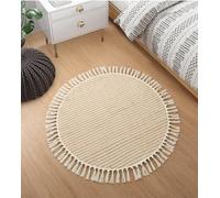 Lahome Belle Boho Round Rug 3ft, Small Circle Rugs for Entryway Kitchen Cotton Washable Indoor Door Bath Mat with Tassels, Farmhouse Round Area Rug Non Shedding Circle Carpet for Bedroom Entry, Khaki