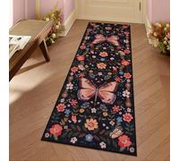 Lahome Boho Black Floral Kitchen Runner, 2x6 Ultra Thin Butterfly Washable Runner Rug Non Slip Stain Resistant Hallway Rug,Soft Insect Carpet Runners for Dorm Bedside Bathroom