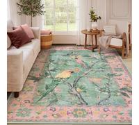 Lahome Botanical Birds Washable Pink Rugs for Bedroom Girls, 8x10 Non Slip Living Room Area Rug, Vintage Indoor Dining Room Carpet for Under Table Nursery Classroom Playroom (8x10ft,Pink)