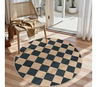 Lahome Checkered Easy Jute 4ft Round Outdoor Rug, Washable Small Rugs Black | Farmhouse Natural Diamond Carpet, Non Slip Non Shedding Mat for Indoor Front Door Entryway Entrance Kitchen Patio Porch Foyer