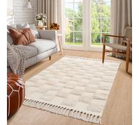 Lahome Checkered Rugs for Bedroom Aesthetic, 3x5 Boho Bathroom Entryway Rug Farmhouse Washable Checkerboard Rug with Tassels, Non-Shedding Throw Rug Tufted Woven Rug for Living Room Office, Beige