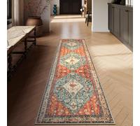 Lahome Felice Boho Tribal Runner Rug - 2x7 Hallway Kitchen Runner Rug Washable Bathroom Laundry Mat Faux Wool Non-Slip Floor Carpet for Entryway Bedroom Living Dining Room,Rust/Dull Teal
