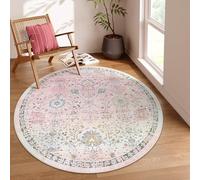 Lahome Light Pink Boho Rug 6ft, Circle Washable Area Rugs for Playroom Kids Room, Soft Floral Nursery Round Carpet Non Slip, Pastel Floor Carpet for Bedroom Living Room