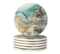 Lahome Marble Pattern Coasters - Round Drinks Absorbent Stone Coaster Set with Ceramic Stone and Cork Base for Kinds of Mugs and Cups (Blue, Set of 6)