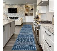 Lahome Moroccan Washable Kitchen Runner 2x8 Carpet Runners for Hallway 8Ft Low-Profile Non-Slip, Indoor Geometric Print Distressed Rug for Entryway Laundry Room Foyer Hana, Blue
