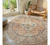 Lahome Oriental Washable Round Area Rug, Non-Slip Round Rugs 6ft Ultra-Thin, Soft Large Throw Circle Carpet for Living Room Bedroom Kitchen Nursery, Peach/Orange