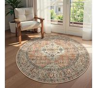 Lahome Oriental Washable Round Rugs, Non-Slip Round Rug 4ft Ultra-Thin, Vintage Soft Small Circle Carpet for Entryway Kitchen Bedroom Nursery Bathroom, Peach/Orange