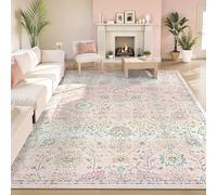 Lahome Pink Boho Area Rug, 8x10 Washable Rugs for Bedroom Girls Living Room, Soft Blush Floral Non Slip Pastel Thin Floor Carpet for Classroom Playroom Home Decor