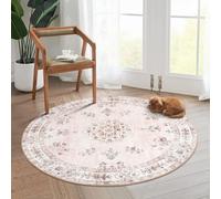 Lahome Washable Pink Round Rug 4ft, Soft Boho 4x4 Circle Rug for Nursery Girls Bedroom, Small Floral Pastel Circular Carpet for Living Room Indoor Floor Home Office Decor