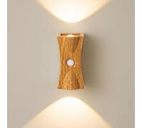 LAI HO Battery Operated Wall Lights with Motion Sensor, Indoor Up and Down LED Wall Sconces, USB Rechargeable Wall Lighting for Living Room Bedrooms Hallways (Wood Grain, 3 Colors)