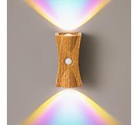 LAI HO Battery Operated Wall Lights with Motion Sensor, Indoor Up and Down LED Wall Sconces, USB Rechargeable Wall Lighting for Living Room Bedrooms Hallways (Wood Grain, RGB)