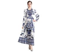 LAI MENG FIVE CATS Women's Flowy Floral Print Long Dress Button Up Casual A-Line Maxi Dress, 23360 White&blue, M