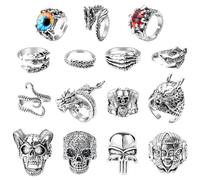 LAIBUY 15Pcs Vintage Silver Punk Rings Set for Men Women, Gothic Alloy Biker Adjustable Rings, Halloween Skeleton Skull Evil Eye Dragon Claw Octopus Dragon Knuckle Stacking Circlet Jewelry